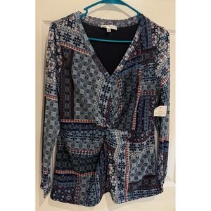 Daily Thread Patchwork Blouse‎ Long Sleeve Twist Front Top Blue Red S/P